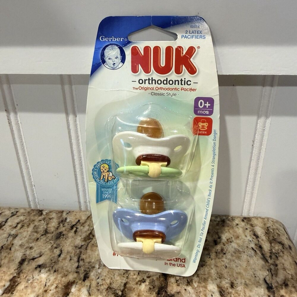 2007 Gerber NUK Orthodontic Silicone Pacifiers Green White Blue NOS NEW 2pk 0m+